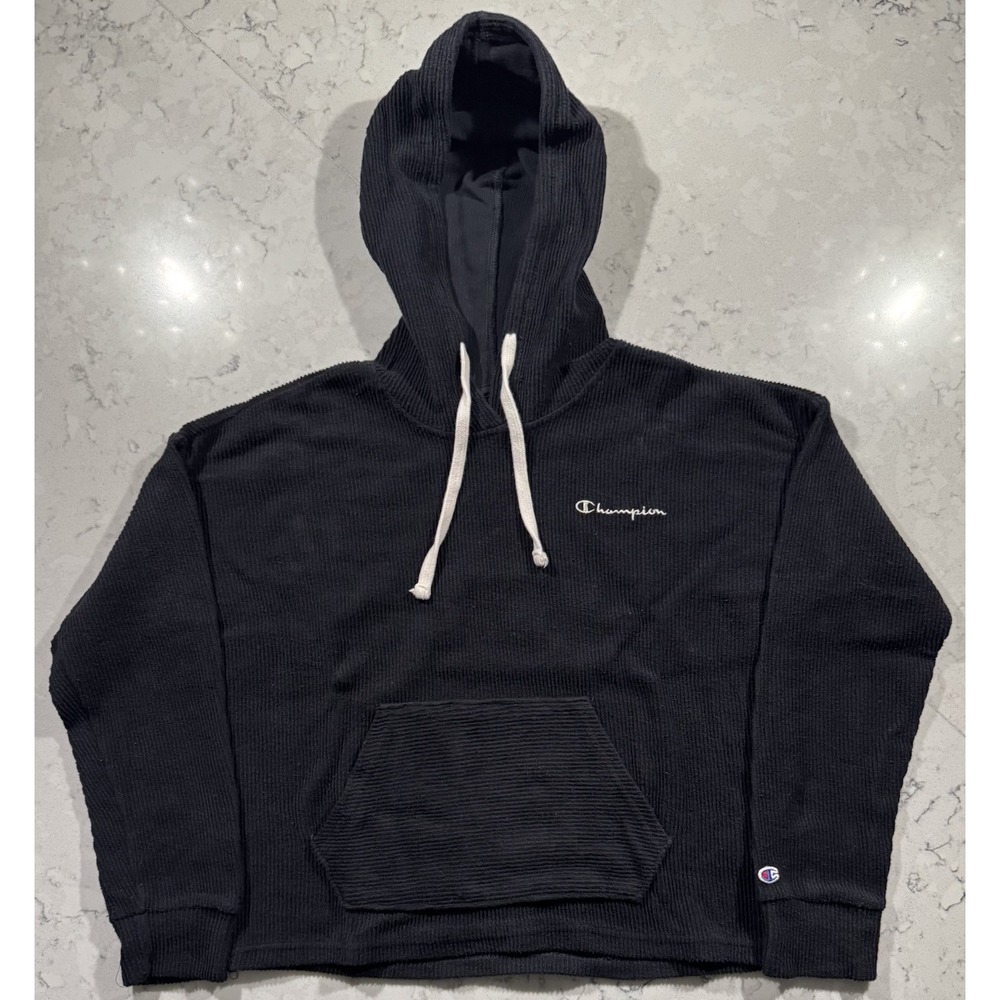 Champion Corduroy Hoodie Mens Small Black Athleisure Outdoor Casual Pullover